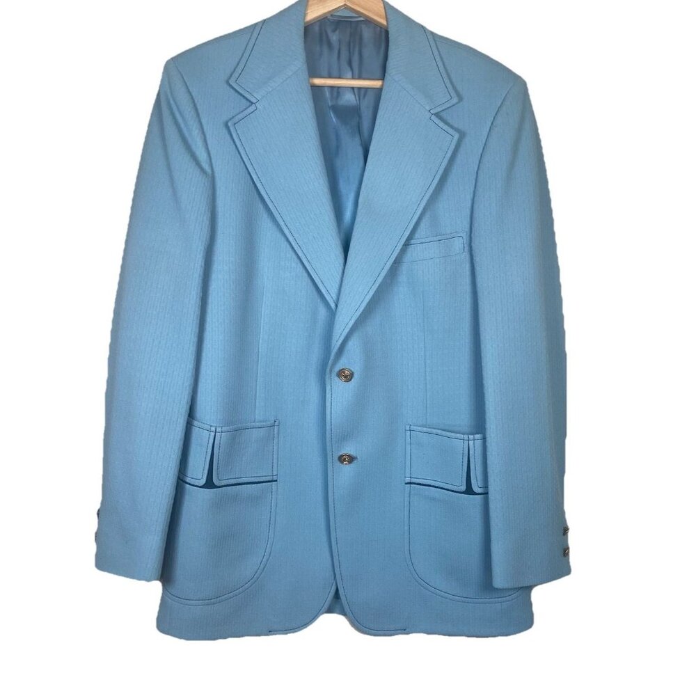 Vintage 1970s 40 R Johnny Carson Suit Jacket – Light Blue 2Btn‎ Polyester Blazer